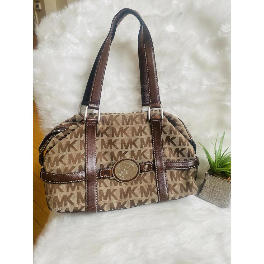 Michael Kors Brown MK Logo Canvas and Leather Shoulder Bag - Picture 1 of 8
